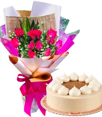 12 Pink Roses Bouquet With Red Ribbon And Caramel Cake