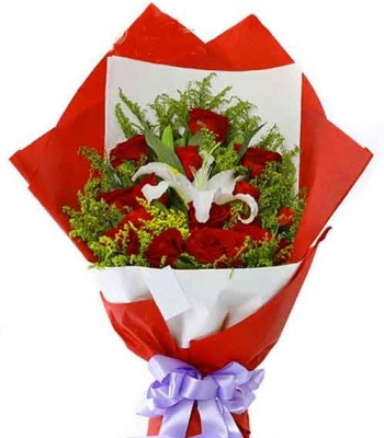 12 Red Roses with 1 White Lily Bouquet