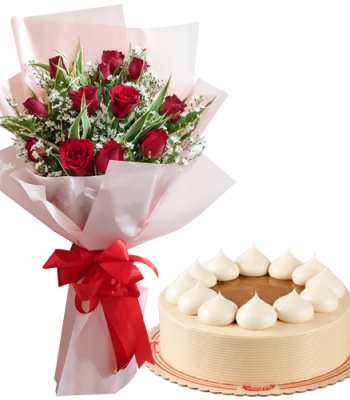 12 Red Roses Bouquet With Red Ribbon And Caramel Cake