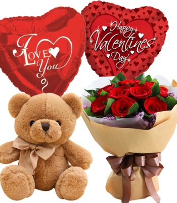 12 Red Roses Bouquet With Teddy Bear & Valentine's Balloons
