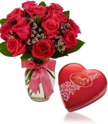 12 Red Roses in Vase with Heart Shaped Lindt Chocolate Box