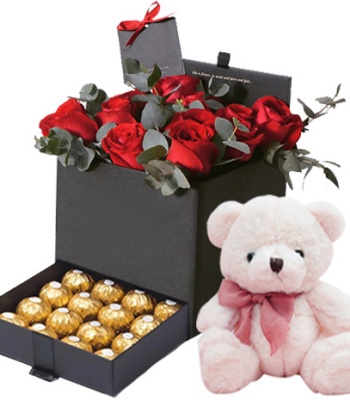 12 Red Roses With 12 Ferrero Chocolate Box & Teddy Bear