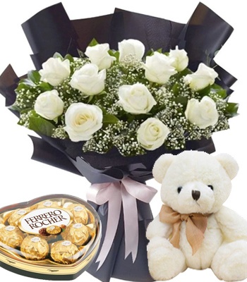 12 White Roses With Heart Shaped Ferrero Chocolate Box And Small Bear