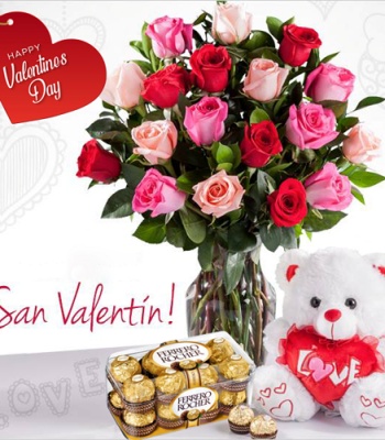 24 Mixed Roses in Vase - Free Chocolate and Teddy Bear