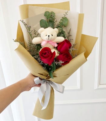 3 Red Roses Gift with Mini Teddy Bear