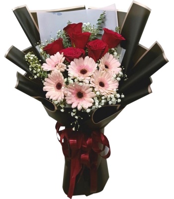 6 Red Roses And 6 Pink Gerbera In Bouquet