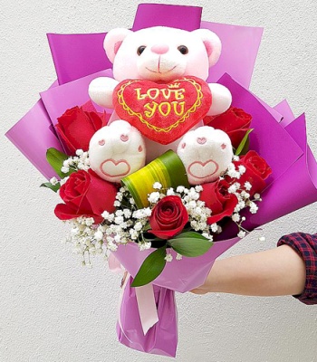 6 Red Roses and Small Teddy Bear Bouquet