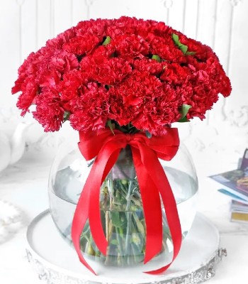 10 Red Carnation Arrangement with Round Glass Vase & Ribbon