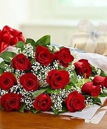 1 Dozen Red Rose Bouquet with Green & White Fillers