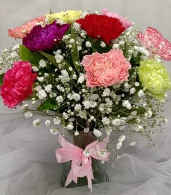 Mix Color Carnations in Glass Vase - Assorted Carnation Arrangement