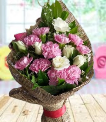 White Rose and Pink Carnations Bouquet - Hand-Tied