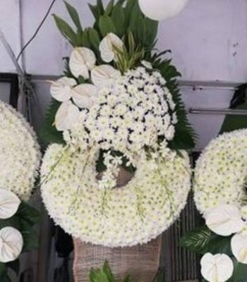 Standing Funeral Spray 3 Layer - Mums, Lily, Anthuriums and Orchid