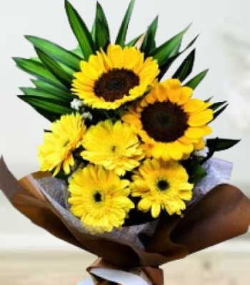 Sunflower and Gerbera Daisy Bouquet - All Yellow Flowers