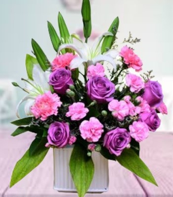 Mix Flower Arrangement - Rose, Carnation and Lily in Ceramic Vase