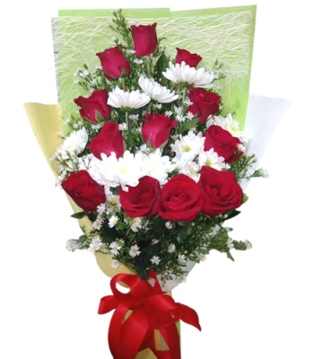 A Dozen Of Red Roses With Mums