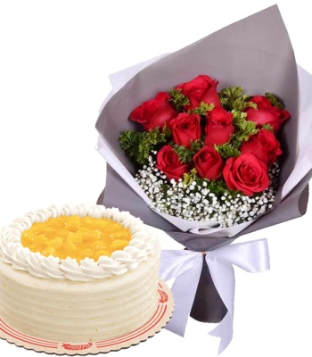 Birthday Cake And Red Roses Bouquet