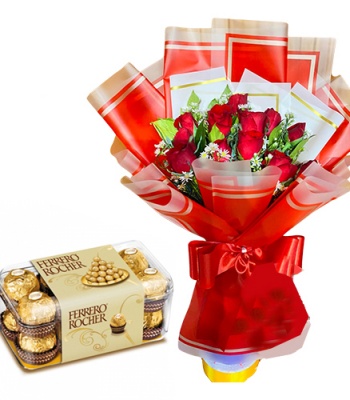 Birthday Red Roses And Ferrero Rocher Chocolate Box