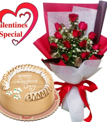 Birthday Red Roses Bouquet And Caramel Cake