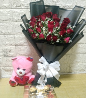 Birthday Red Roses Bouquet With Small Teddy & 16 Ferrero Box