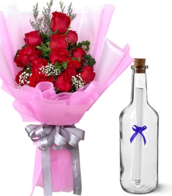 Bottle Message With 12 Red Roses Bouquet