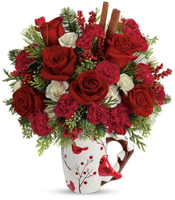 Christmas Carnation & Red Roses Bouquet In Cardinal Mug