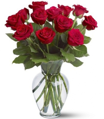 Dozen Red Roses In Clear Glass Vase