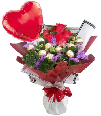 Fresh Red Roses with Ferrero Chocolates and Heart Shape Balloon