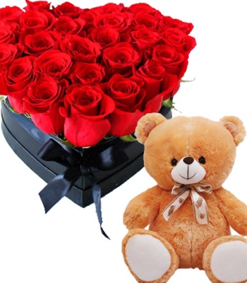 Heart Shape Red Rose Arrangement With Teddy Bear