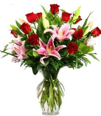 Hot Pink Lily and Rose Flower Bouquet