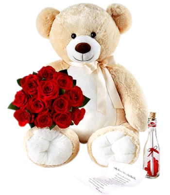 Love Story Flowers For Her With Big Teddy Bear & Message Bottle