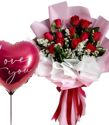 One Dozen Red Roses with 'I Love You' Balloon