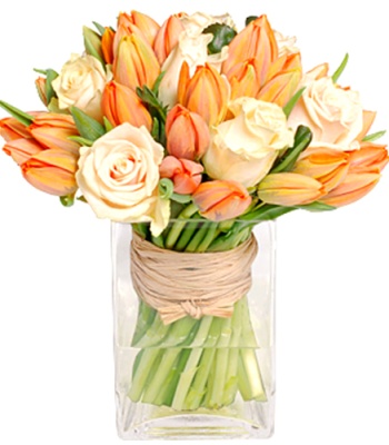 Peach Color Tulips and Roses Bouquet