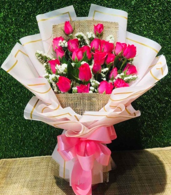 Pink Rose Bouquet with Greenery - 24 Stems