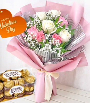 Pink and White Roses with Chocolates - 8 Stems