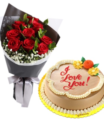 Red Roses Bouquet And I Love You Cake