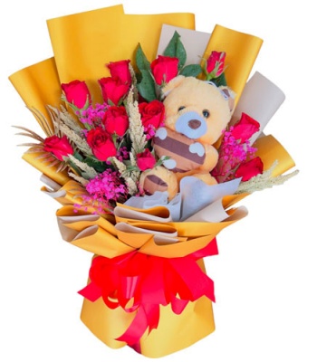 Red Roses with Mini Teddy Bear - 12 Stems