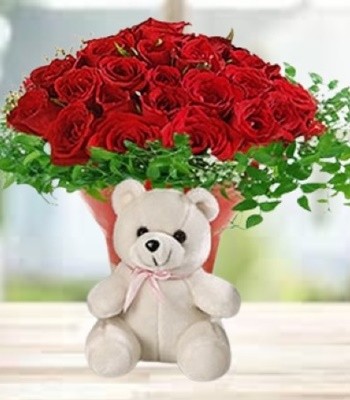 24 Red Rose Bouquet With Teddy Bear