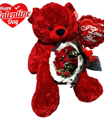 Romantic Red Roses Bouquet And Giant Teddy Bear With Balloons