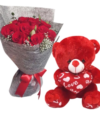 Romantic Roses Bouquet With Red Bear