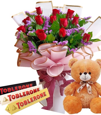 Romantic Roses Bouquet With Teddy Bear And Chocolate