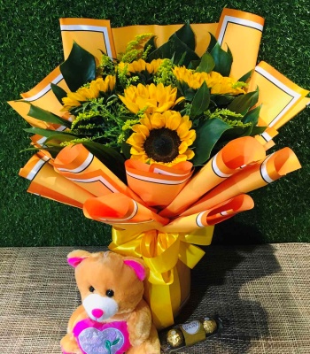 Sunflower Bouquet With Ferrero Rocher & Teddy Bear