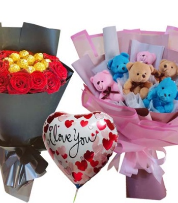 Sweet Romance Flowers Teddies & Balloon