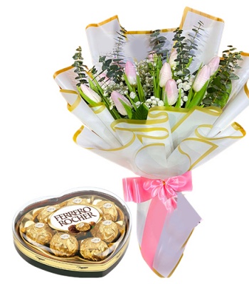Valentine's Day 10 Pink Tulips With Heart-Shaped Ferrero Rocher