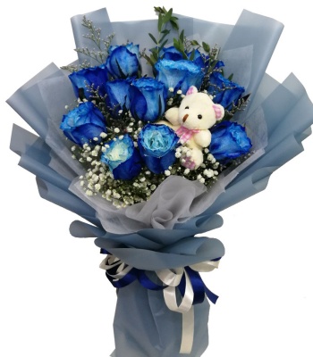 Valentine's 12 Blue Roses Bouquet With Mini Teddy Bear