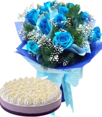 Valentine's Day 12 Blue Roses Bouquet With Red Ribbon Ube Mousse Cake