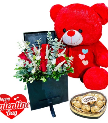 Valentine's Day 12 Red Roses With Heart-Shaped Ferrero Rocher & Teddy Bear