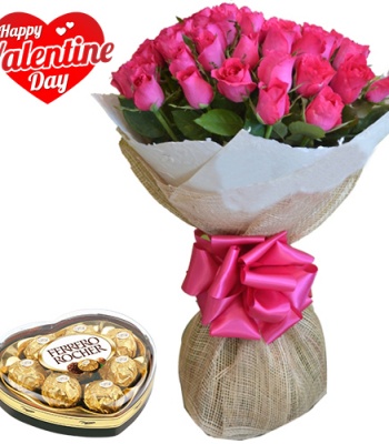 Valentine's Day 24 Pink Roses Bouquet With Heart-Shaped Ferrero Rocher
