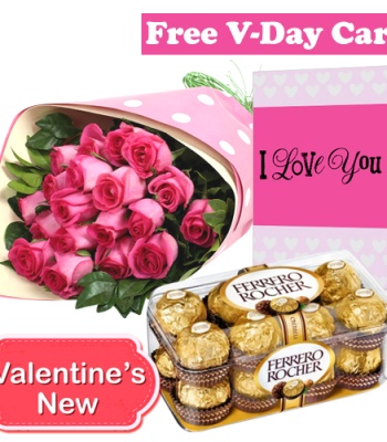 Valentine's Day 24 Pink Roses With Ferrero Rocher