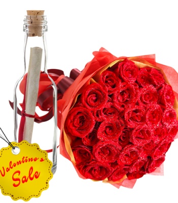 Valentine's Day 24 Red Roses Bouquet With Message In A Bottle