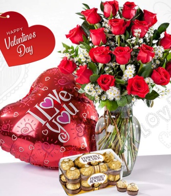 Valentine's Day 24 Red Roses With Ferrero Rocher & Love Balloon